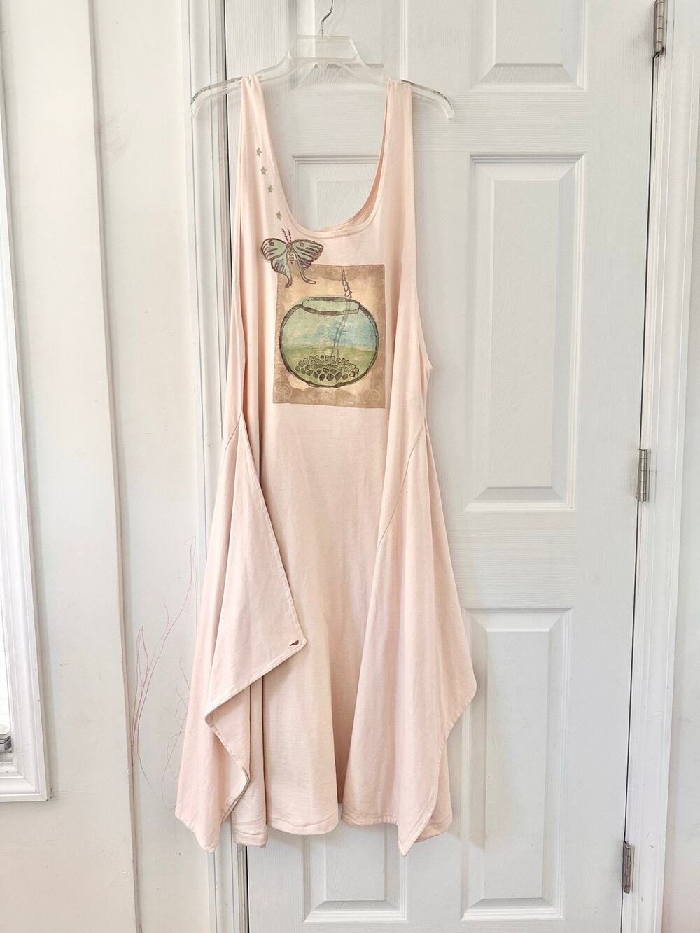 Blue Fish Beige Hand Painted Cotton Long Tank Swing Lagenlook Dress OS Butterfly - Picture 1 of 9